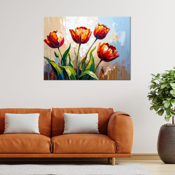 Obraz dekoracja, Czerwone Kwiaty Tulipany na beżowym tle imitacja 30x20
