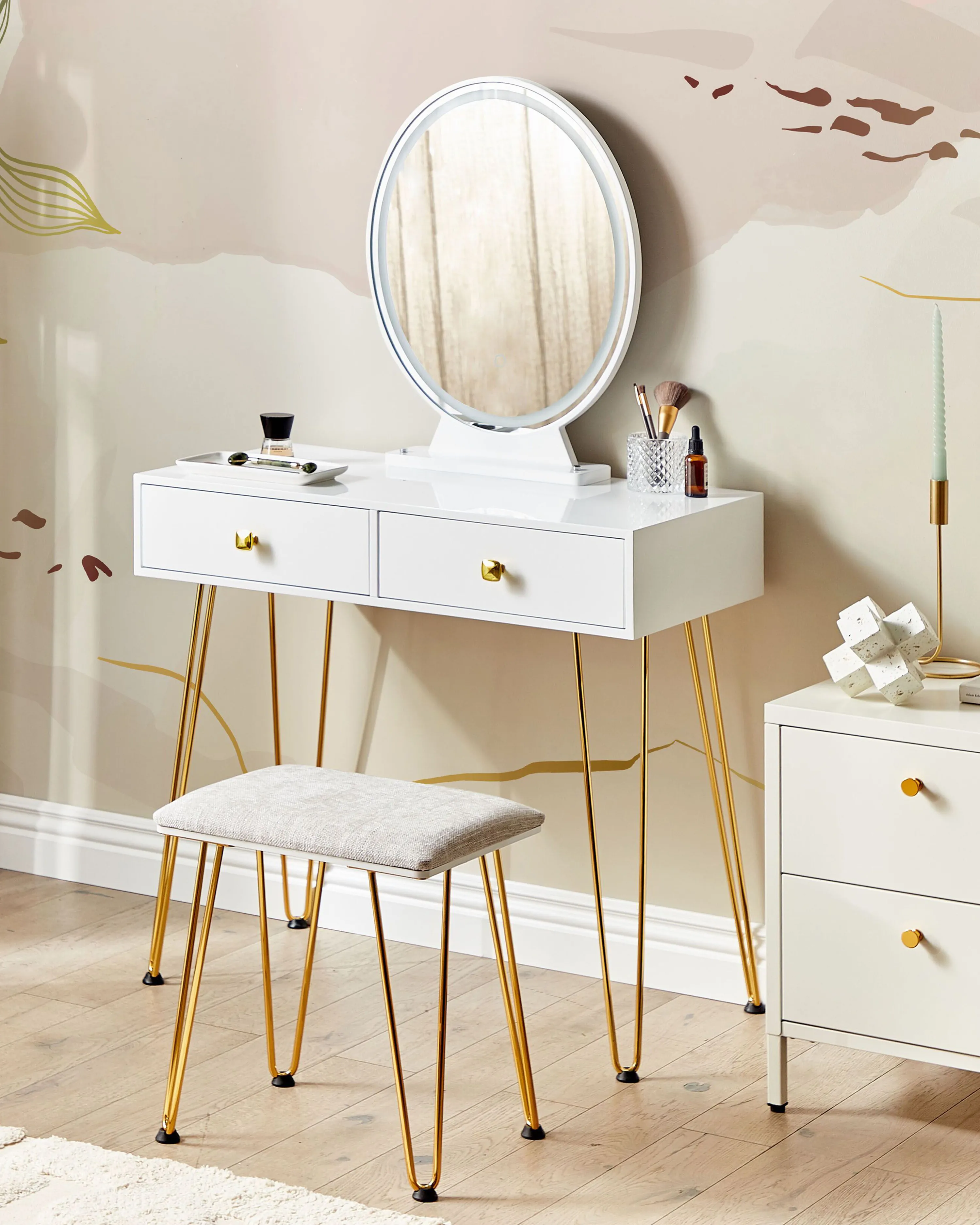 Dressing Table with Mirror and Stool CAEN LED White