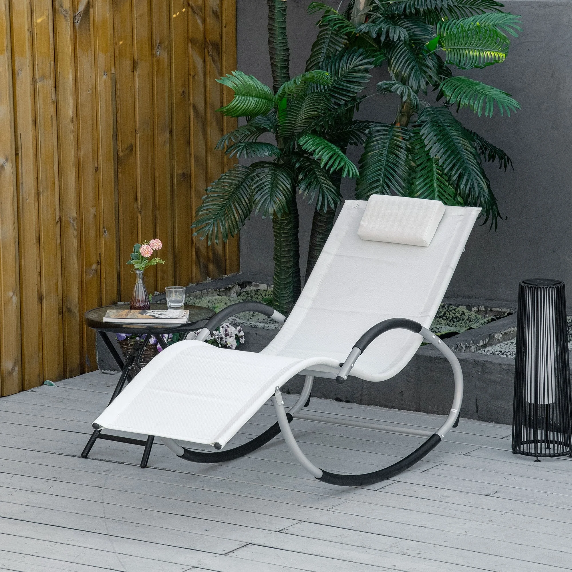 Outsunny Outdoor Rocking Chair with Detachable Pillow, Zero Gravity Patio Chaise Sun Lounger Chair with Breathable Mesh Fabric