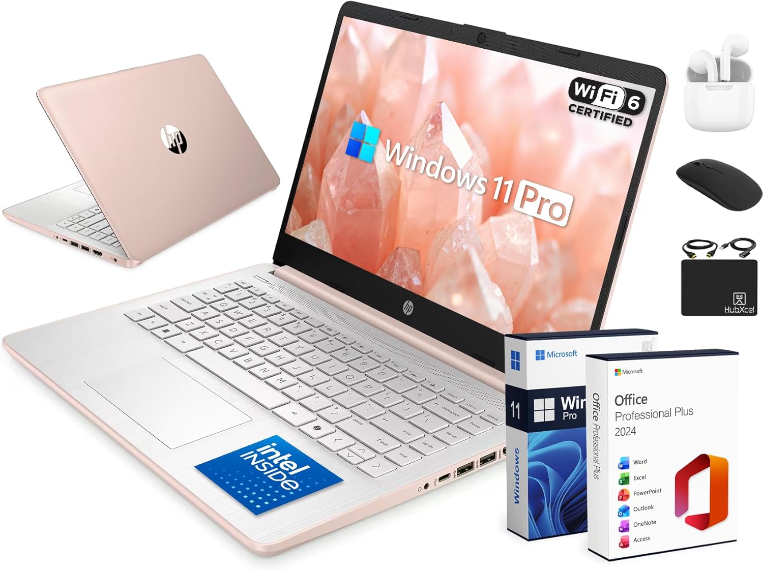 HP Flagship 14 Laptop Computer for 2026 Student Business, Win 11 Pro, Copilot AI, Intel CPU Up to 2.8GHz, 8GB RAM, 628GB Storage (128GB SSD+500GB Ext), Wi-Fi 6, HubxcelAccessory, MS Office, Rose Gold