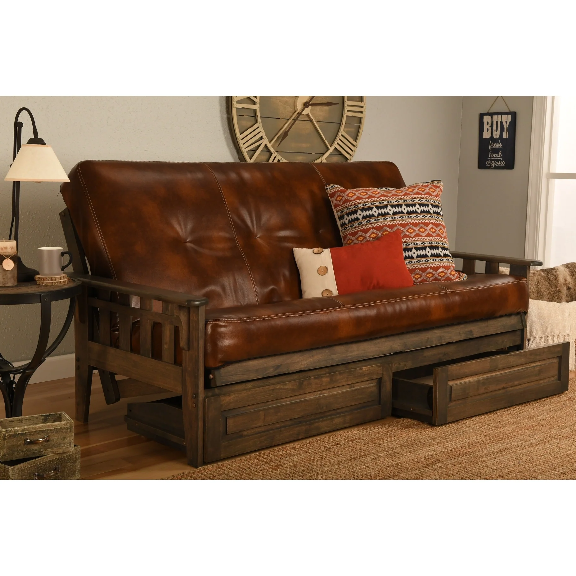 Somette Tucson Full Size Futon Set in Rustic Walnut Finish with Storage Drawers and Leather Mattress