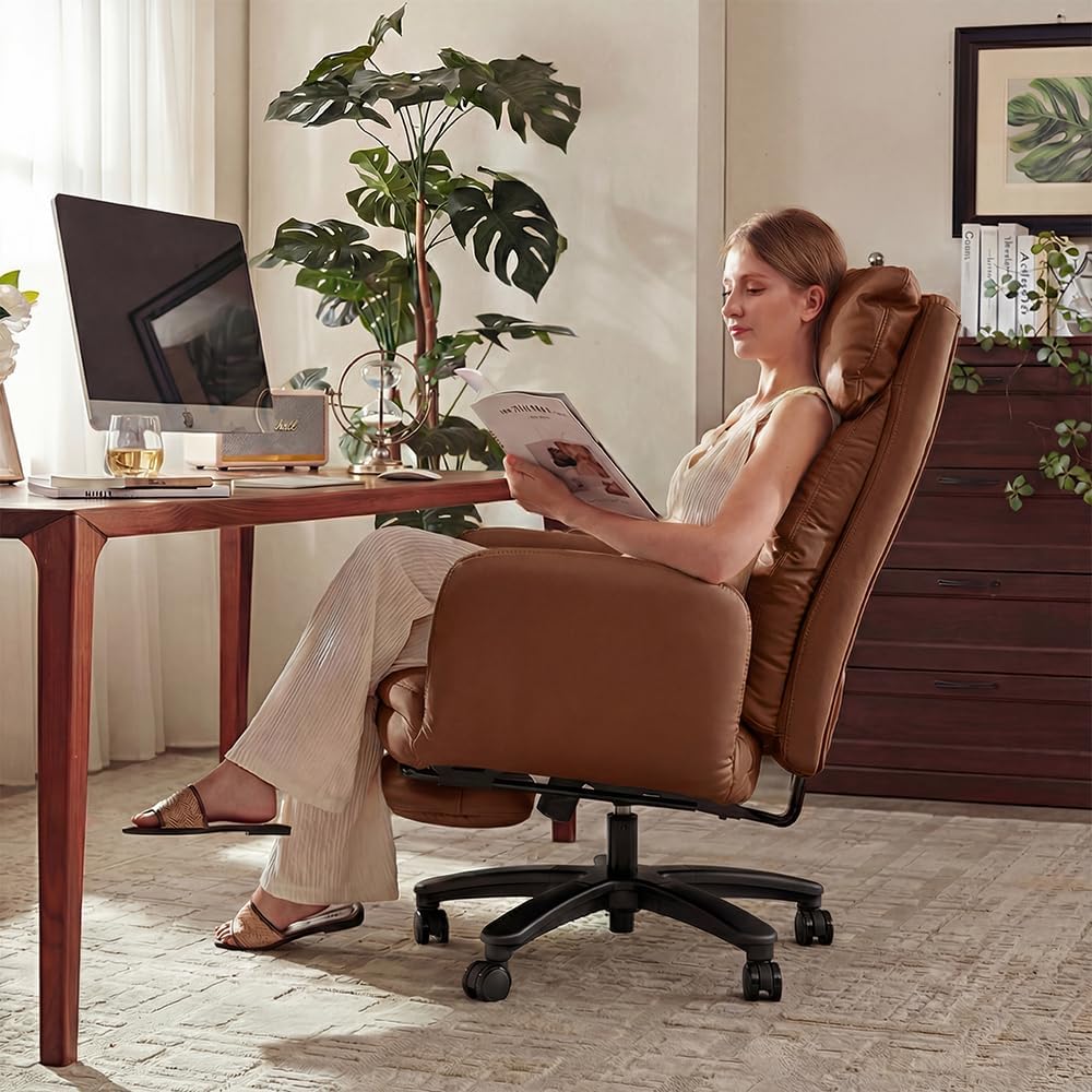 Cross Legged Office Chair with Pets Friendly Arms, Plus Size Criss Cross Desk Chair, Big and Tall Office Chair with Foot Rest, Reversible Armrests & Wide Seat, Brown