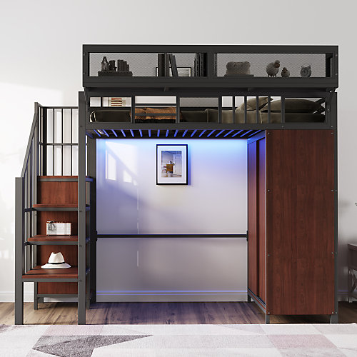 Lit mezzanine en métal 90x200cm avec armoire - échelle de sécurité - avec LED - barrières de sécurité - noir (sans matelas)