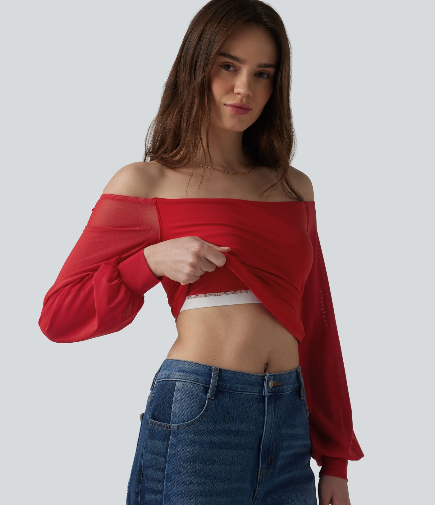 T-shirt SoftlyZero™ Airy décontracté épaules dénudées manches longues en tulle respirant effet frais InstantCool avec brassière intégrée, protection solaire UPF50