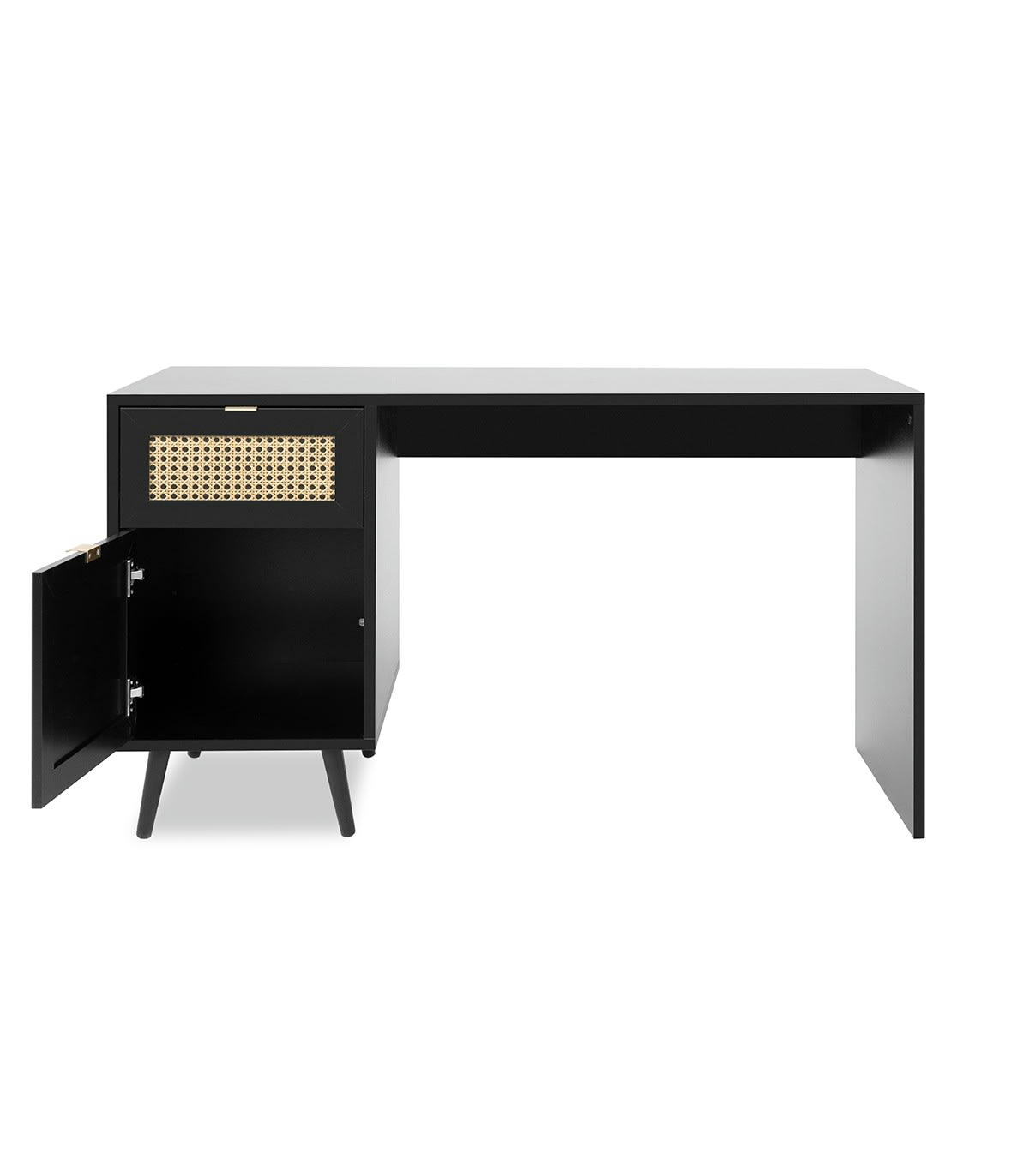 VILLA - Bureau 1 porte 1 tiroir impression cannage et noir- L130 cm