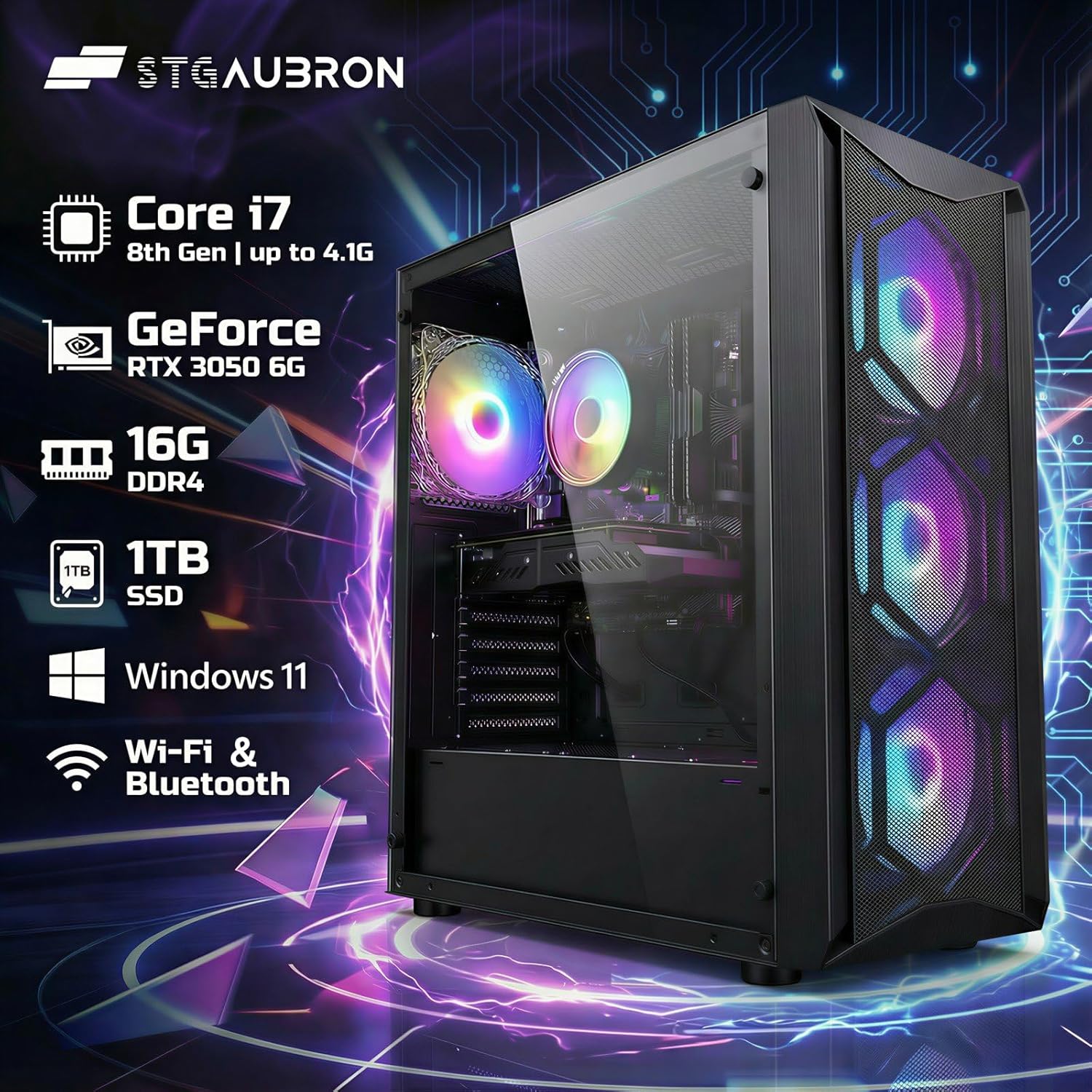 STGAubron Gaming PC Computer Desktop  Intel Core i7 8th Gen up to 4.1GHz  GeForce RTX 3050 6G  16G DDR4  1T SSD  WiFi 6  BT 5.2  RGB Fan x4  Windows 11 Home