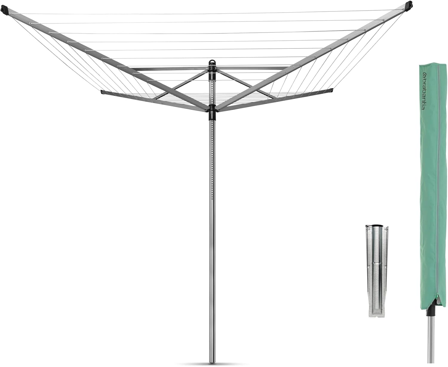 Brabantia Lift-O-Matic Outdoor 4 Arm Clothesline (197 ft/Ø 1.8) Height Adjustable, Folding Clothes Drying Rack + Ground Spike & Cover (Gray)
