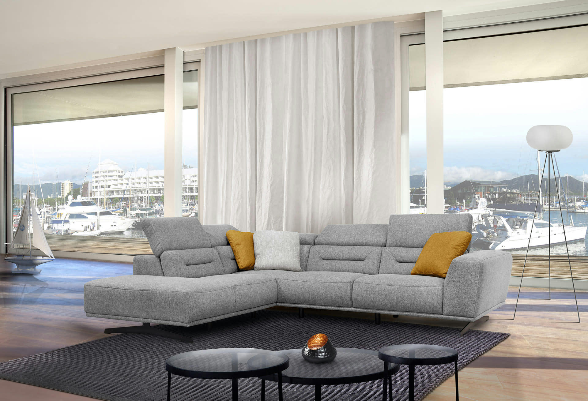 LUCANO - Canapé d'angle gauche 5 places tissu gris