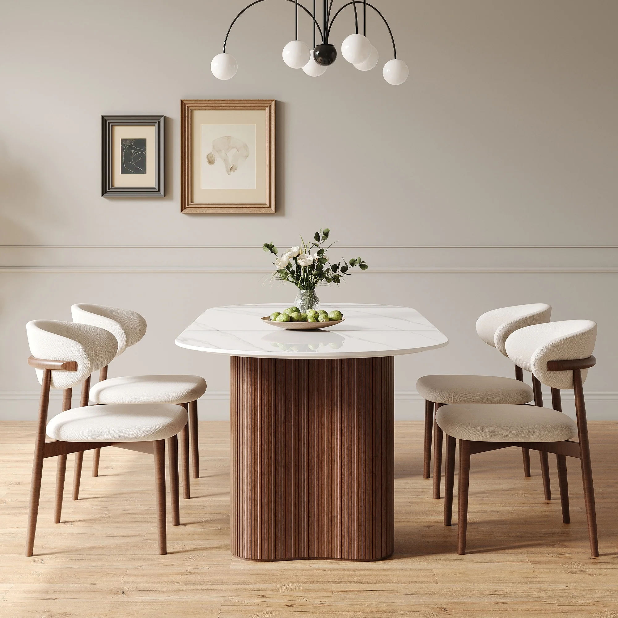 71 Glossy White Sintered Stone Dining Table, Double Round Legs, Oval Kitchen Table for 6 Persons