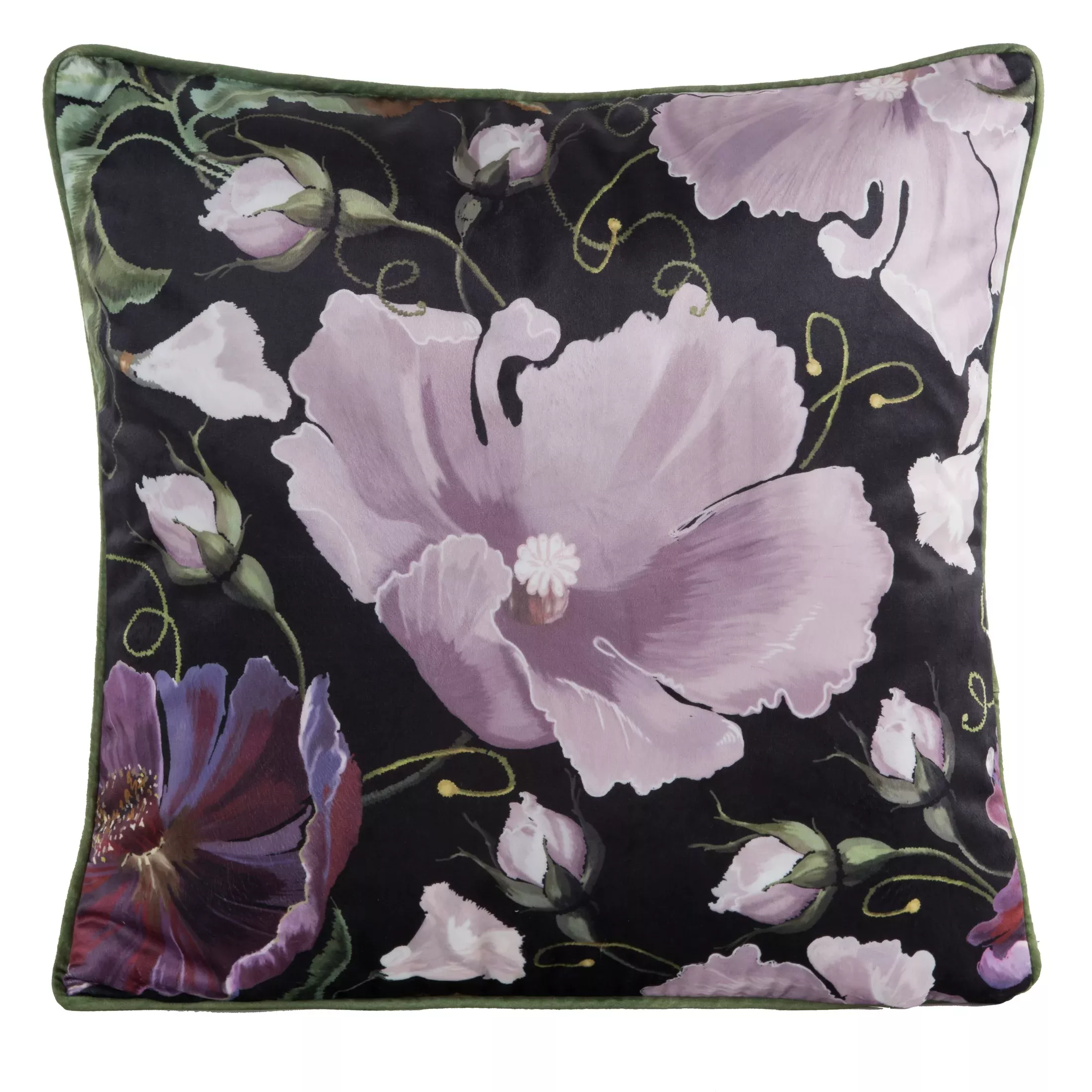 Poszewka na poduszkę 45x45 cm welwetowa, czarno fioletowa zdobiona nadrukiem kwiatów i elegancką lamówką VELVET 116