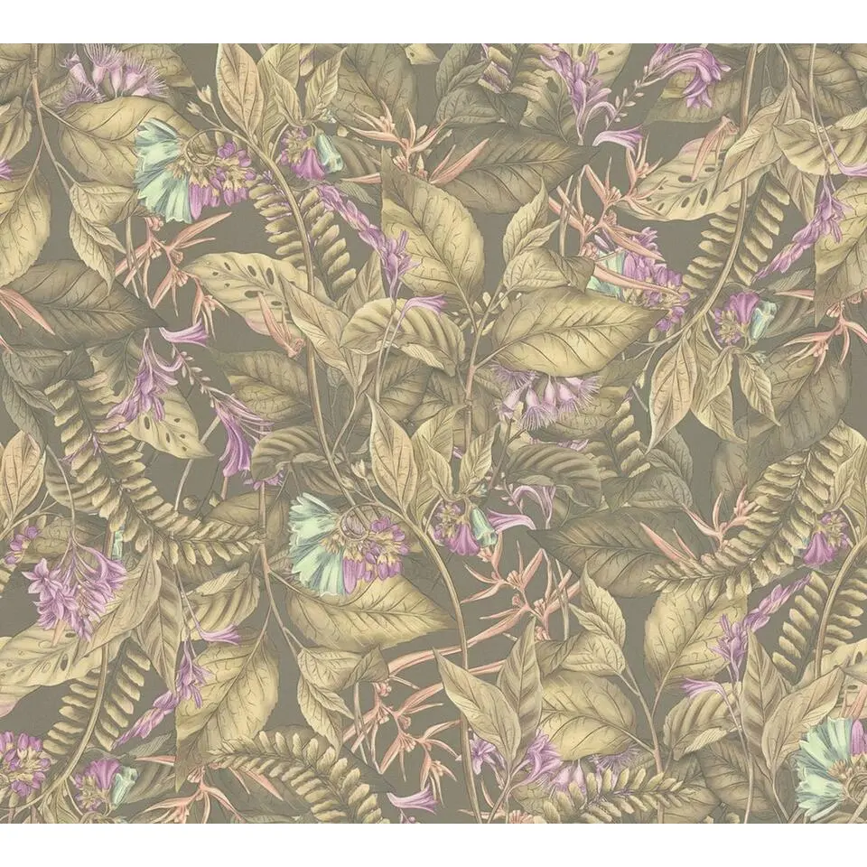 Livingwalls behang tropische bladeren bruin, beige en lila paars