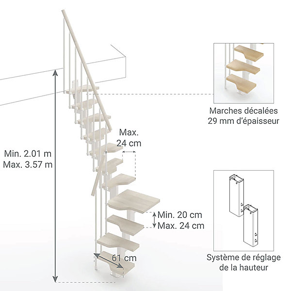 Escalier 1 quart tournant 9 marches - Hauteur à franchir de 2.01 à 2.37m - Largeur 61cm - Couleur bois et blanc -