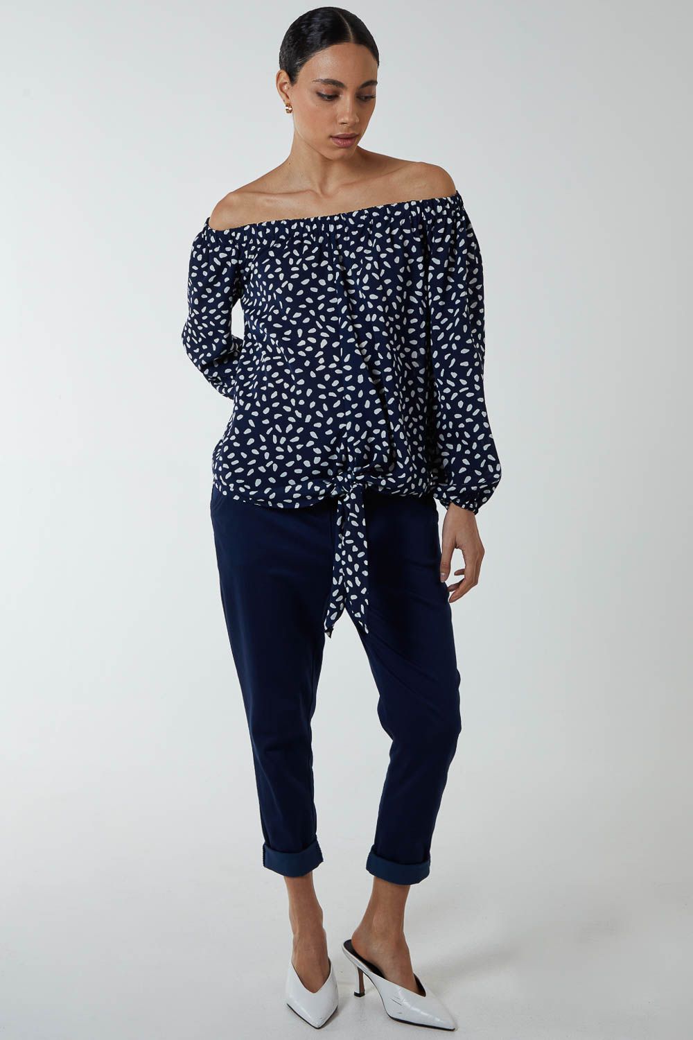 Blue Vanilla Off Shoulder Print Top With Tie