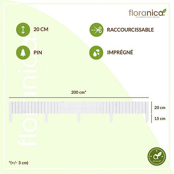 Floranica Bordure de jardin en bois flexible 20 x 200 cm Blanc avec piquets, idéale pour délimiter pelouse et massifs de fleurs