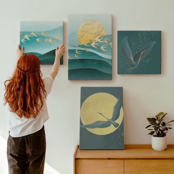 Obraz canvas 4 częściowy Abstrakcja pejzaż ptaki |40x40, 40x60| Wallfluent