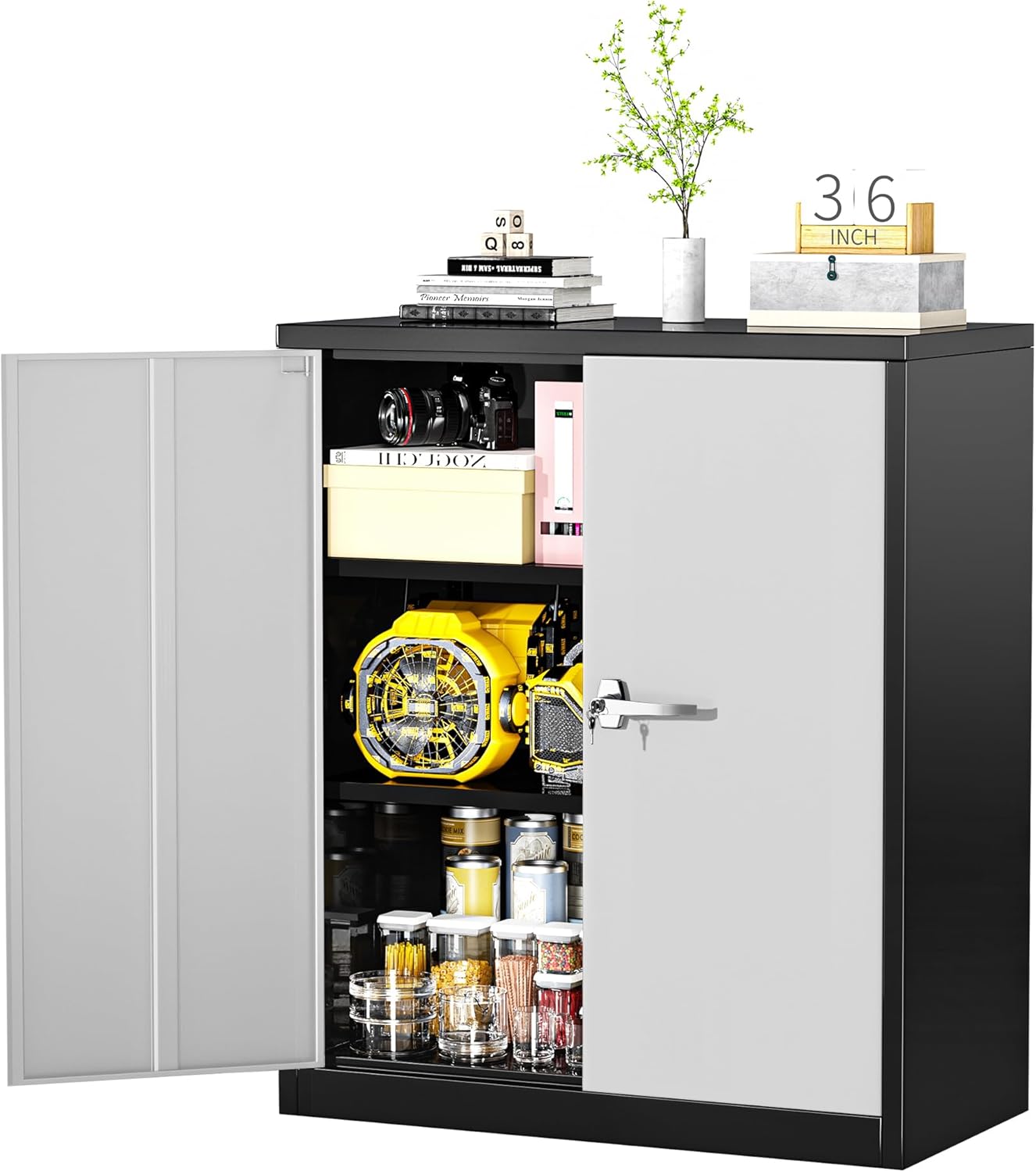 Greenvelly Metal Storage Cabinet,36 Lockable Storage Cabinet with Doors and Adjustable Shelves, Steel File Cabinet with Lock for Garage,Home,School,Pantry(Black Grey)