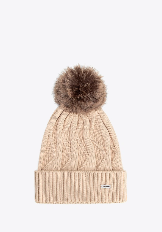Czapka damska z kontrastującym pomponem beżowa