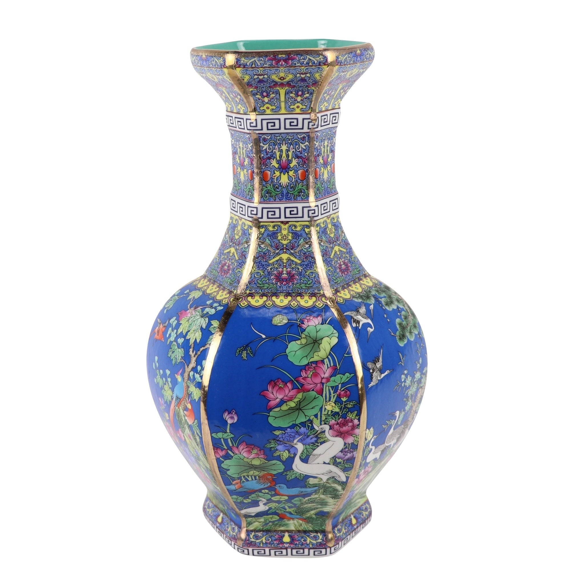 Fine Asianliving Chinese Vaas Bloemen Vogels Blauw