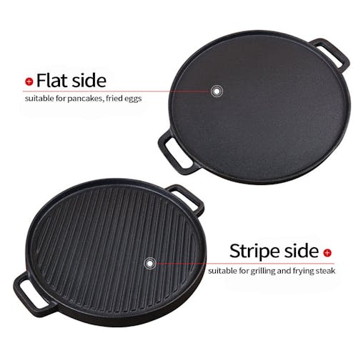 SOGA 30cm Round Cast Iron Ribbed BBQ Pan Skillet Steak Sizzle Platter with Handle