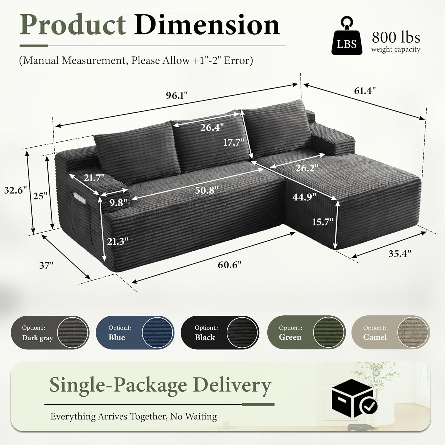 96 Sectional Couches for Living Room Cloud Couch Sofa with L-Shape Upholstered Boneless Couchs Modern Modular Sectional Couch with Chaise (Dark Grey, 96 W+Right Facing Chaise+2Seaters)