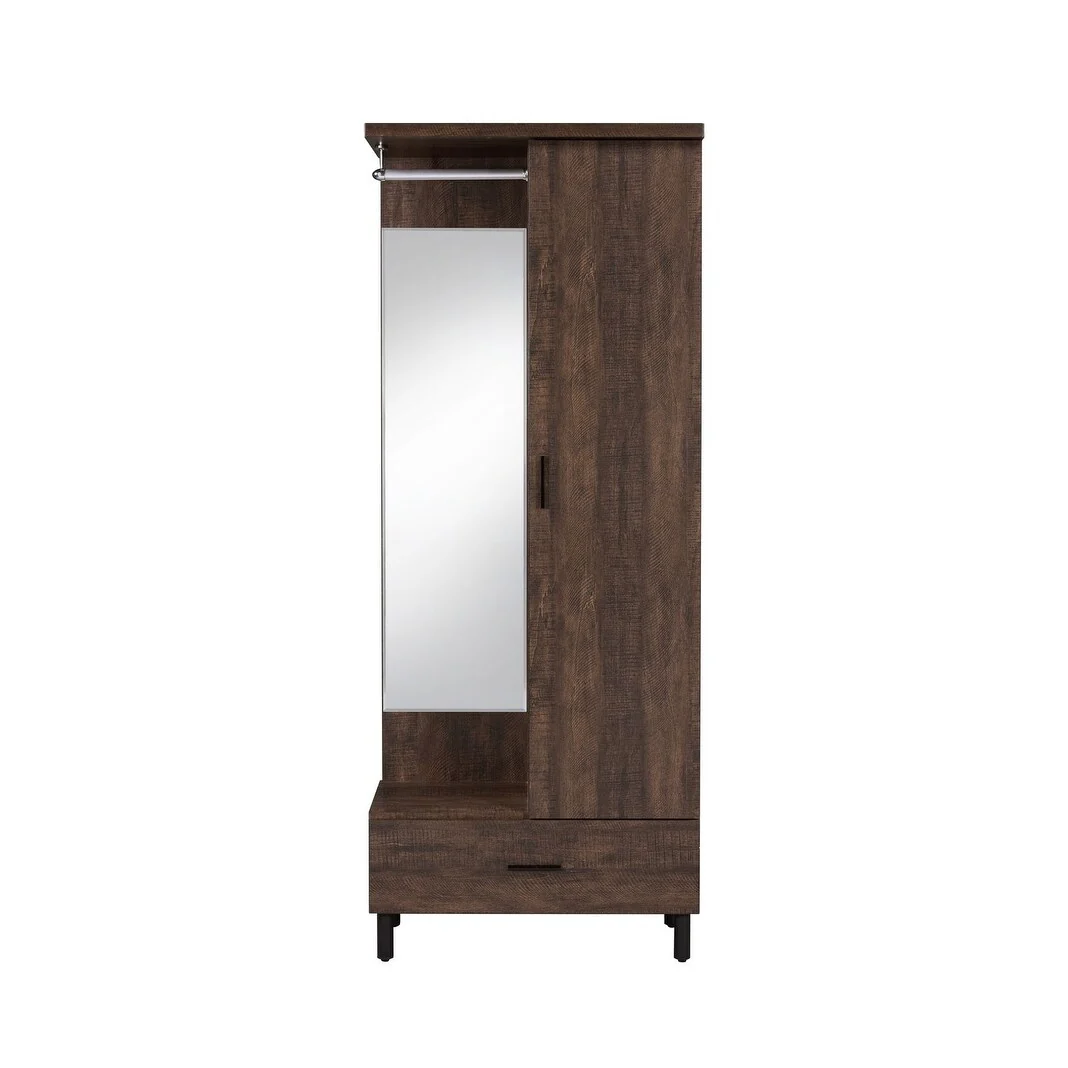 Rustic Walnut Hall Tree with Mirror, Drawer, Shoe Storage