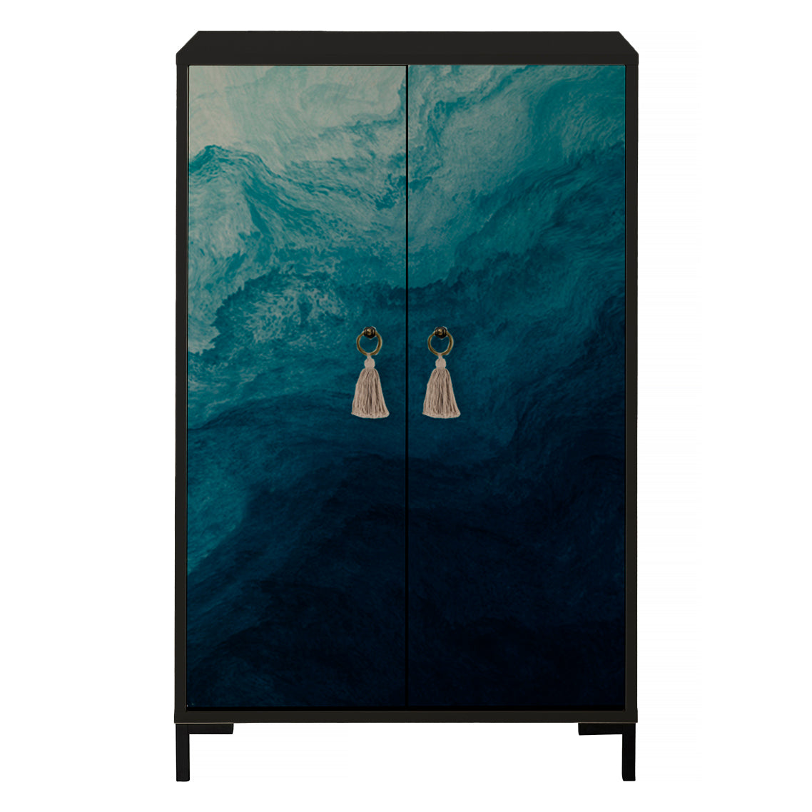 Dressoir van MDF met 2 decoratieve deuren, oceaanblauw motief