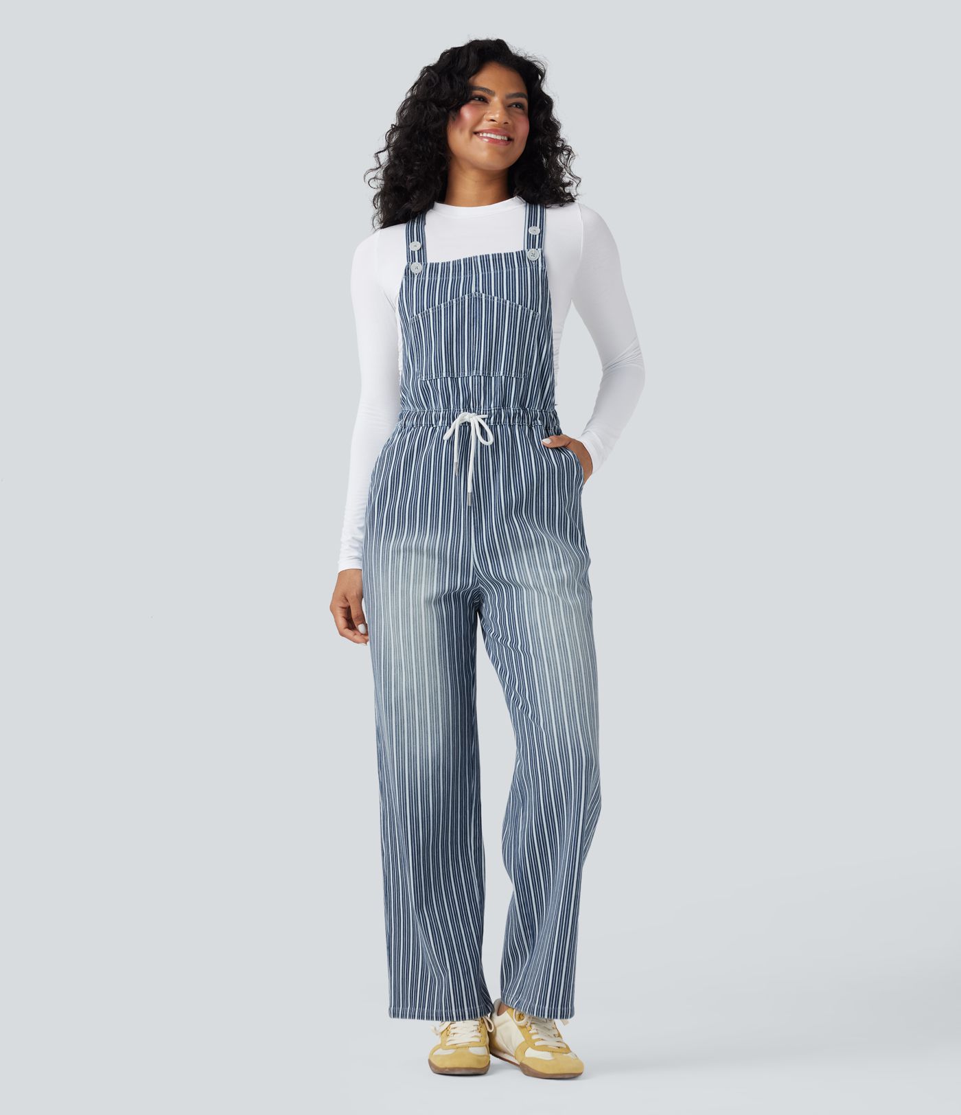 Salopette en denim décontractée droite à rayures Halara Flex™ avec cordon et poches