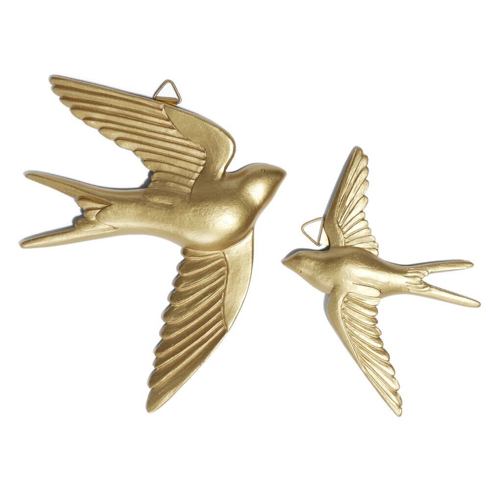 Lot de 2 oiseaux hirondelles décoration murale résine dorée