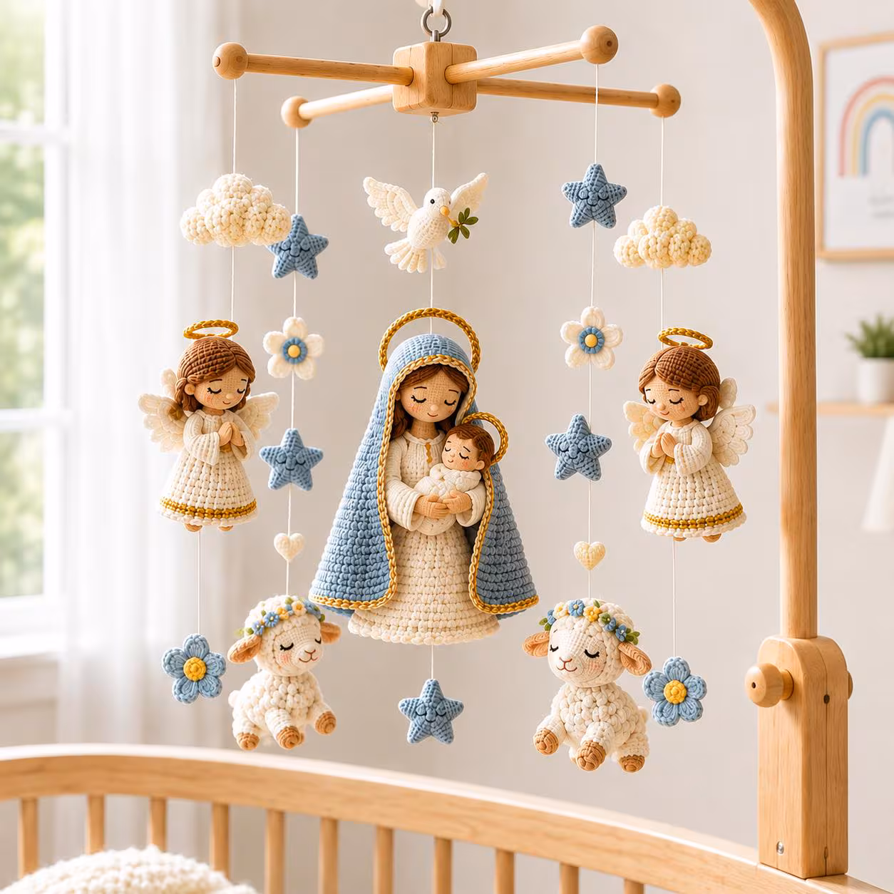 Crochet Virgin Mary Baby Mobile, Catholic Nursery Decor, Crochet Nativity Angel Lamb Crib Mobile, Baptism Gift, Christian Baby Shower Gift