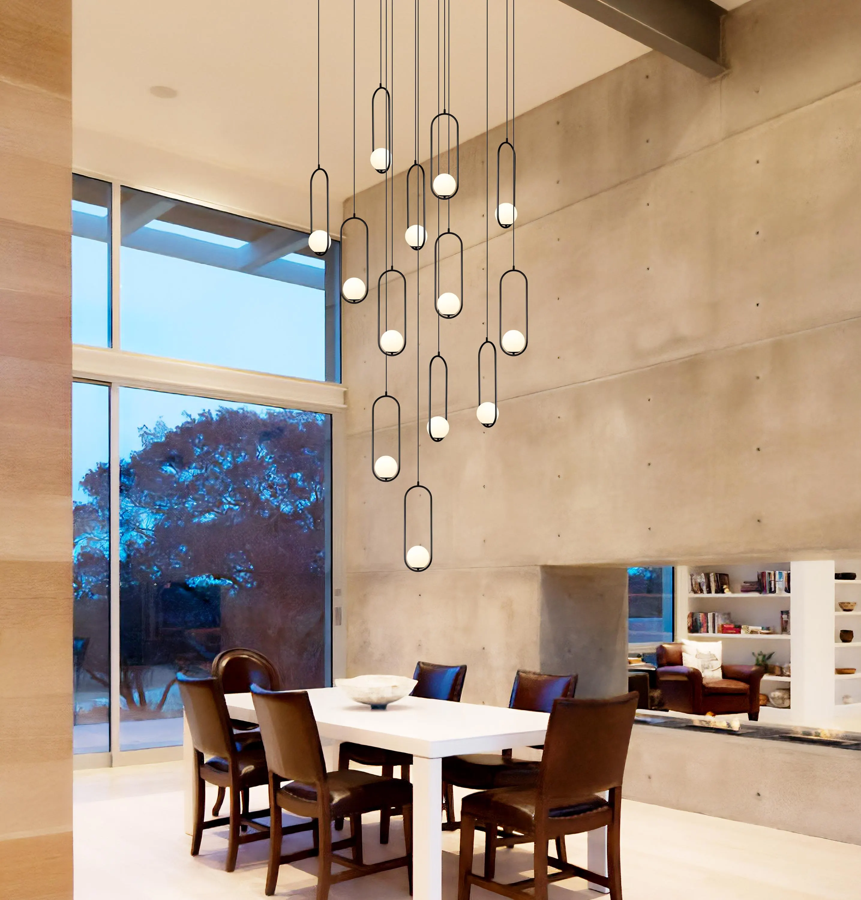 Modern Multi-Pendant Chandelier, Opal Glass Globe, Stairwell Lighting