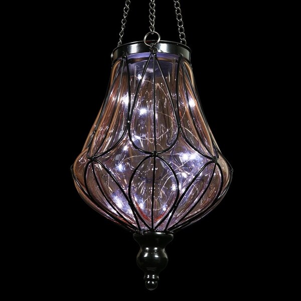 Exhart Solar Amber Glass Hanging Lantern with Looping Metal Pattern, 8 by 24 Inches