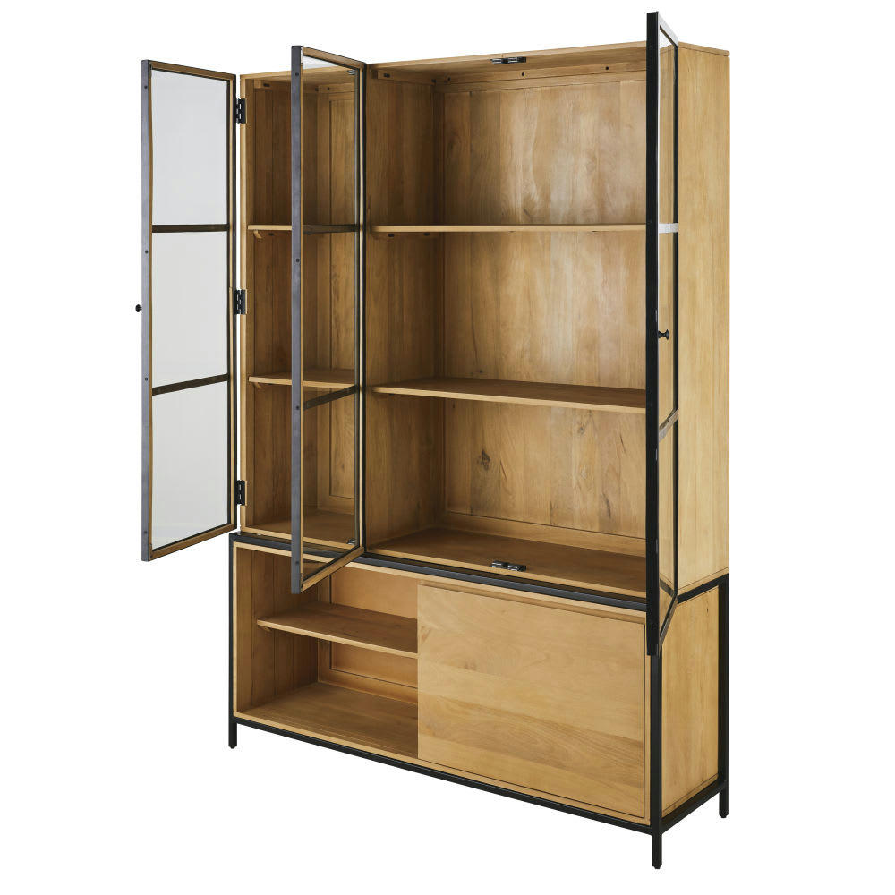 Wayampi - Vaisselier 2 portes en bois de manguier massif, verre trempé et métal noir mat