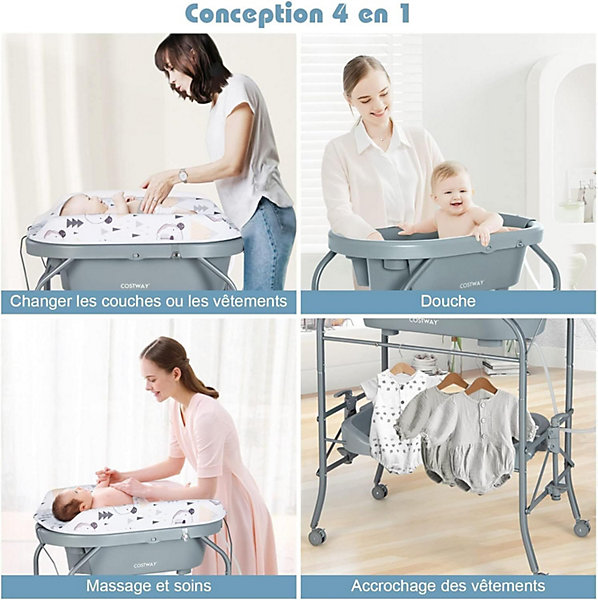 Baignoire bébé pliable Table à Langer avec rangement à roulettes Gris