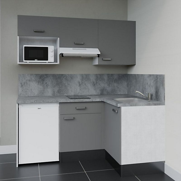 Kitchenette KA03 façades Gris - Plan de travail Gris béton - Crédences : Oui - Evier inox - Electroménager Blanc inclus