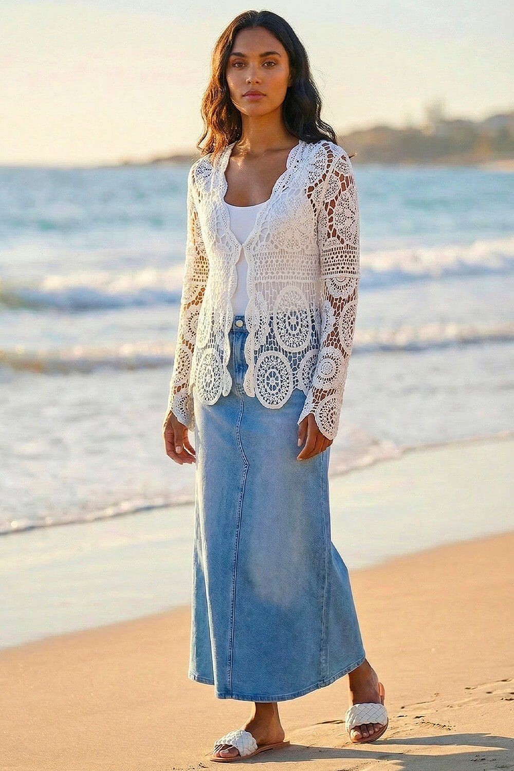 Roman Crochet Tie Front Knit Cardigan