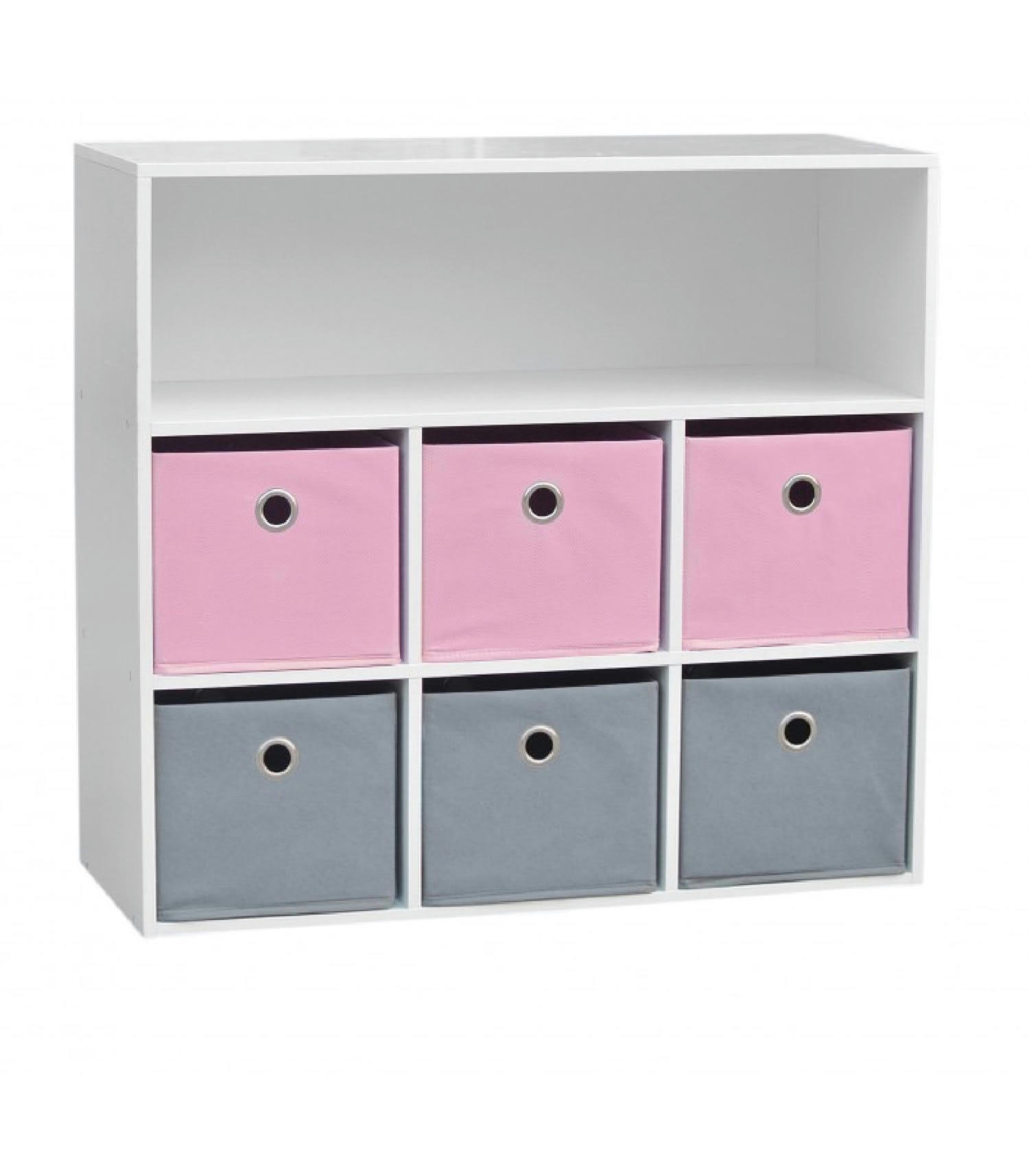 - Meuble de rangement chambre enfant blanche avec 6 paniers rose et gris