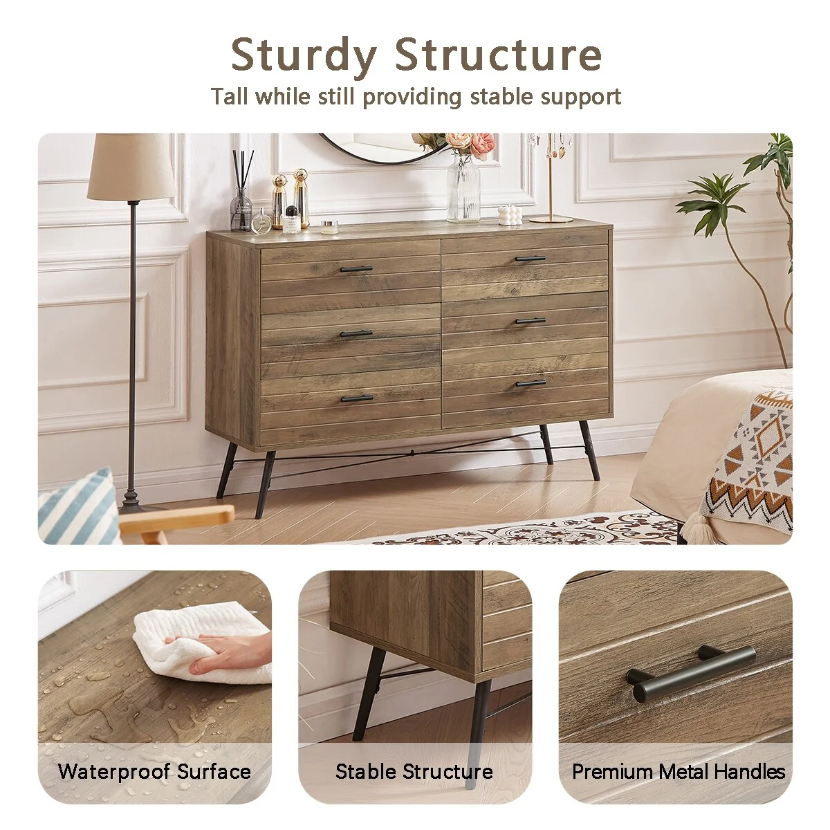 47 Rustic Dresser TV Stand with 6 Storage Drawers