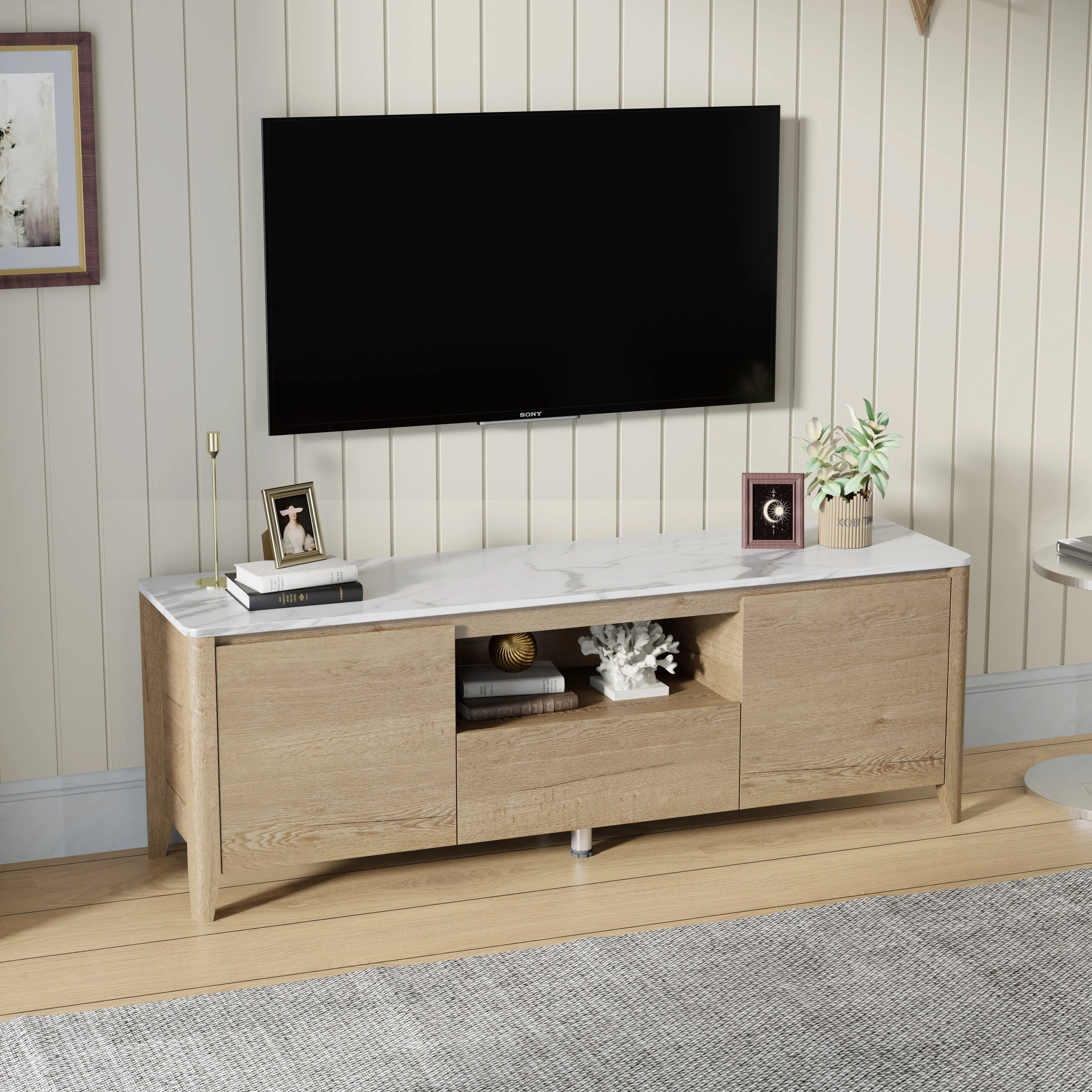 Natural+White Modern 58 TV Stand with LED Lights and Storage Space for TVs Up to 80
