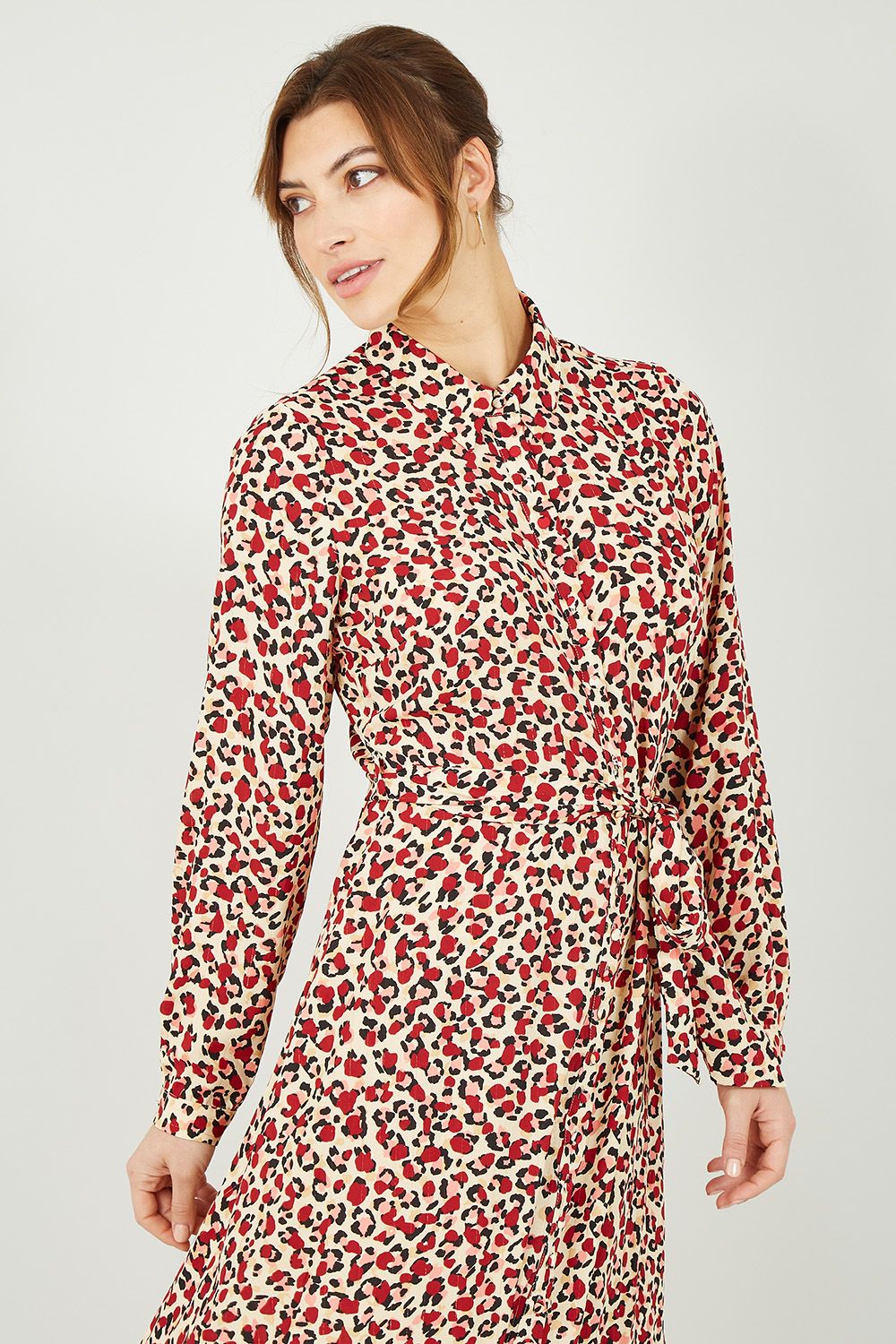 Yumi Red Leopard Print Long Sleeve Shirt Dress