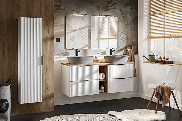 Meuble sous double vasque ADEL BLANC avec l'étagère - extension CHÊNE 140 cm