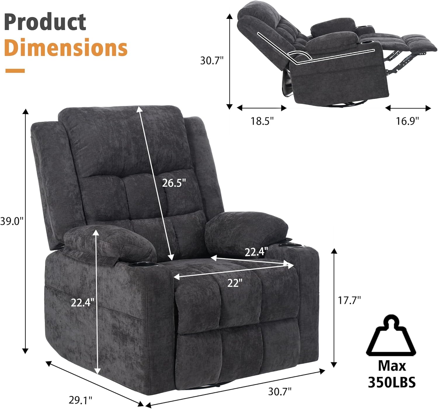 Power Swivel Rocker Recliner Chair for Adults with Massage and Heat, USB and Type-C Ports, Infinite Position, Electric Glider Reclining Single Sofa Chair for Living Room(Black)