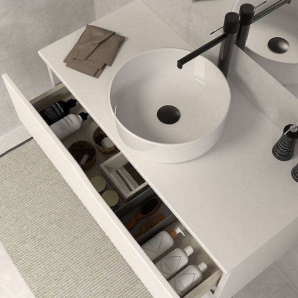 Meuble de salle de bain 100 avec plateau et vasque à poser - sans miroir - 2 tiroirs - blanc - LUNA