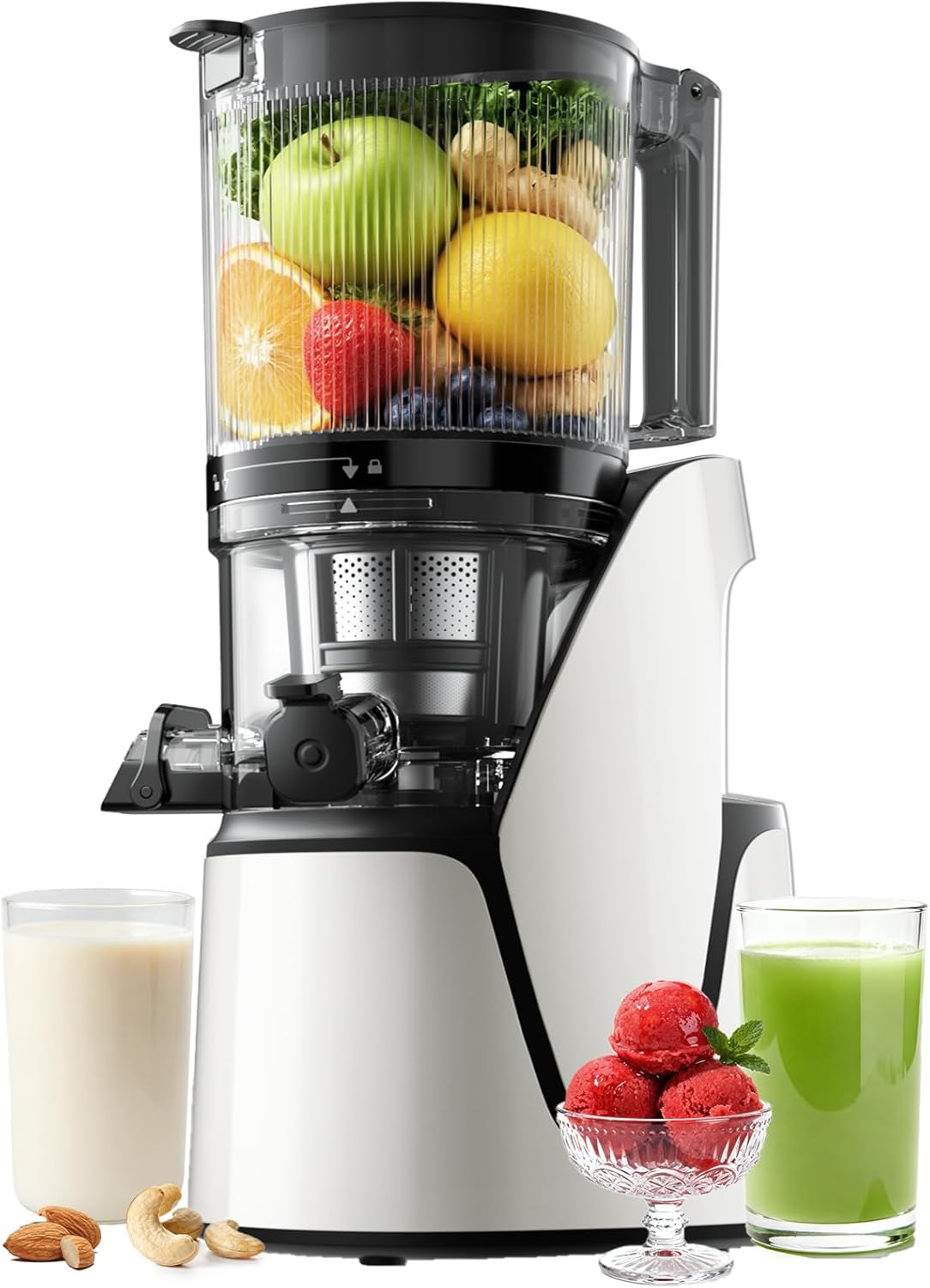 EanOruus Juicer Machines, 3-in-1 Cold Press Juicer with 6.5 Extra Large Chute, 100oz Large Capacity, AC Motor, Makes Juice, Nut Milk & Sorbet, Bright White