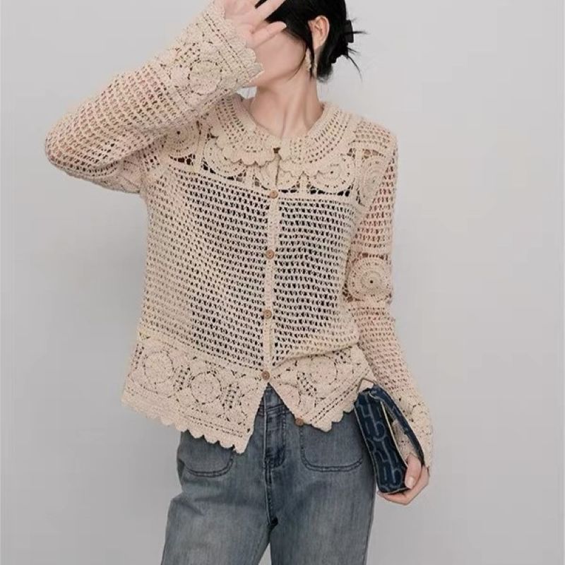 PEACH ACCESSORIES Elegant Beige Guipure Lace Button-Up Cardigan