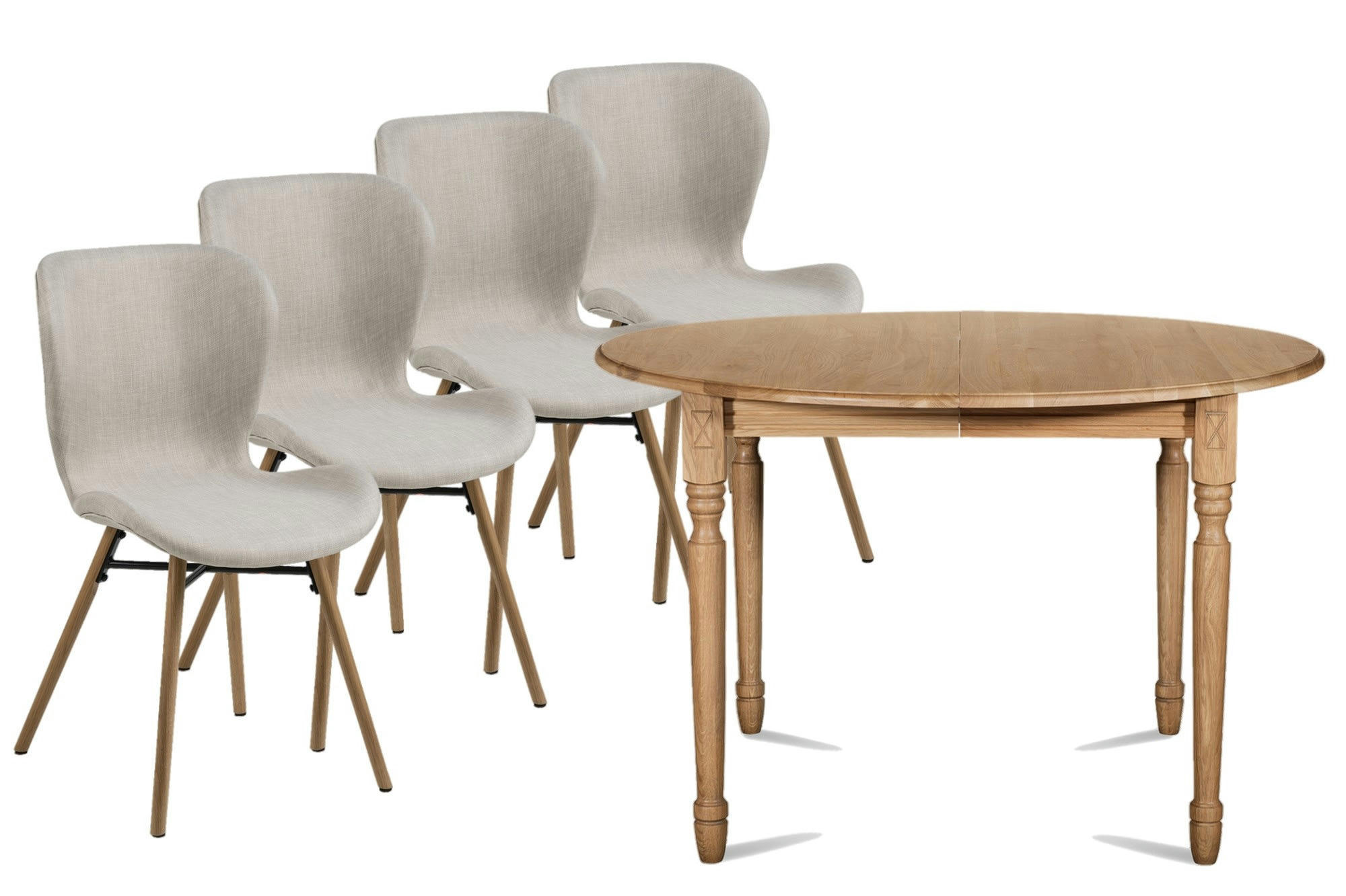 - Table ronde extensible pieds tournés D115 + 4 chaises tissu