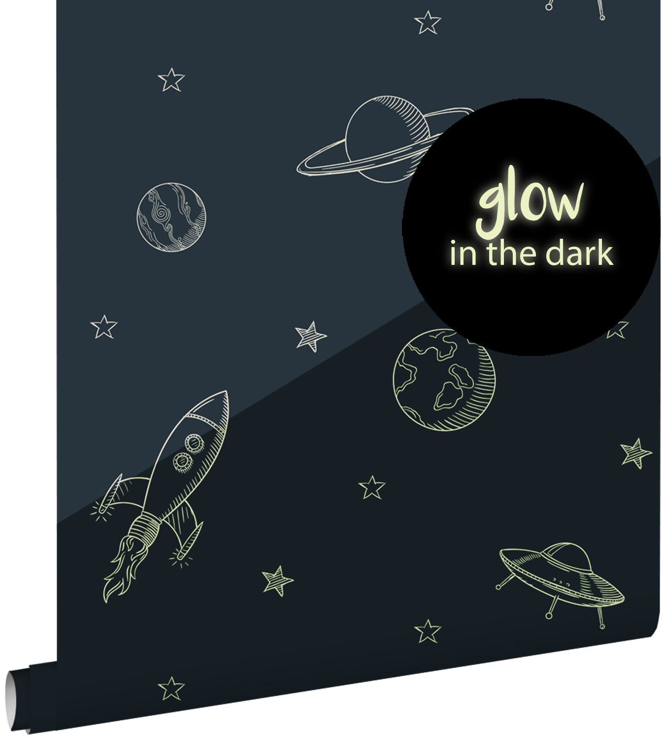 ESTAhome glow-in-the-dark behang planeten in de ruimte donkerblauw - 53 cm x 10.05 m - 139761
