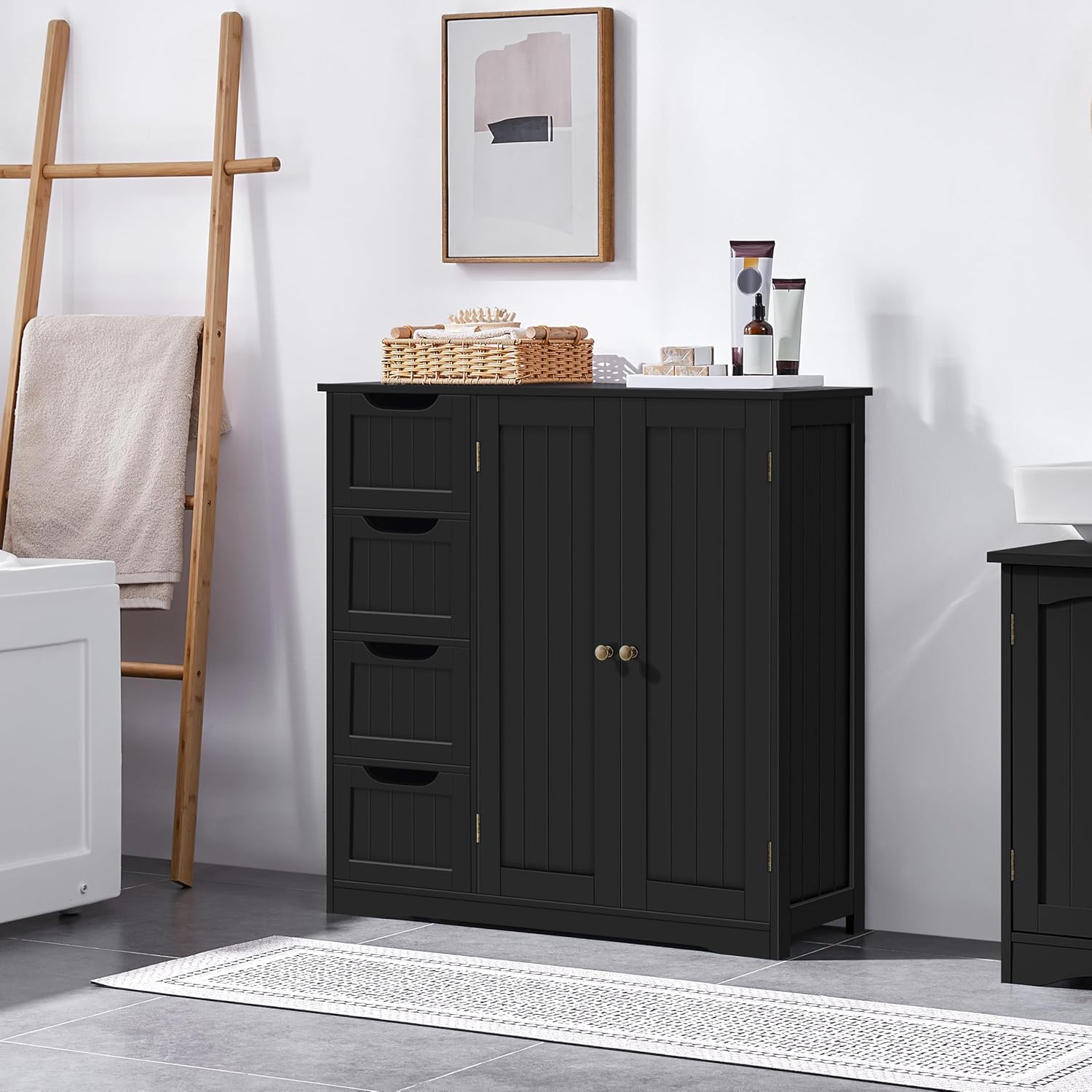 Yaheetech Wooden Bathroom Floor Cabinet, Side Storage Organizer Cabinet with 4 Drawers & Double Doors, Freestanding Entryway Storage Unit Console Table, Bathroom Furniture Home Decor, Black