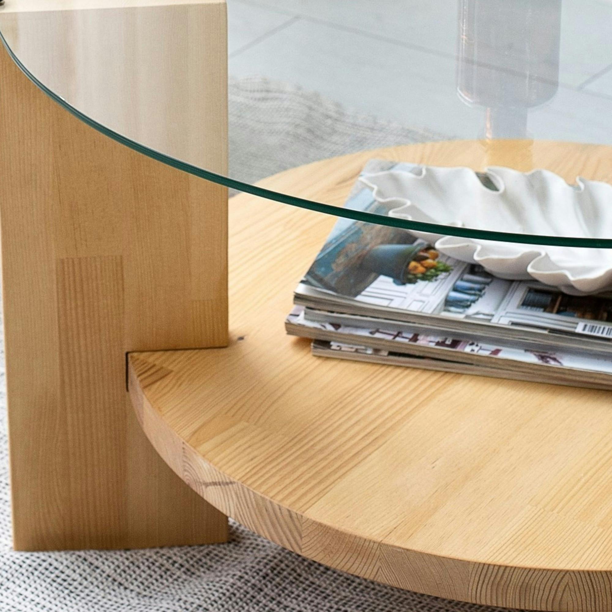 Table basse ronde en verre et bois clair - 2 plateaux ANZIO