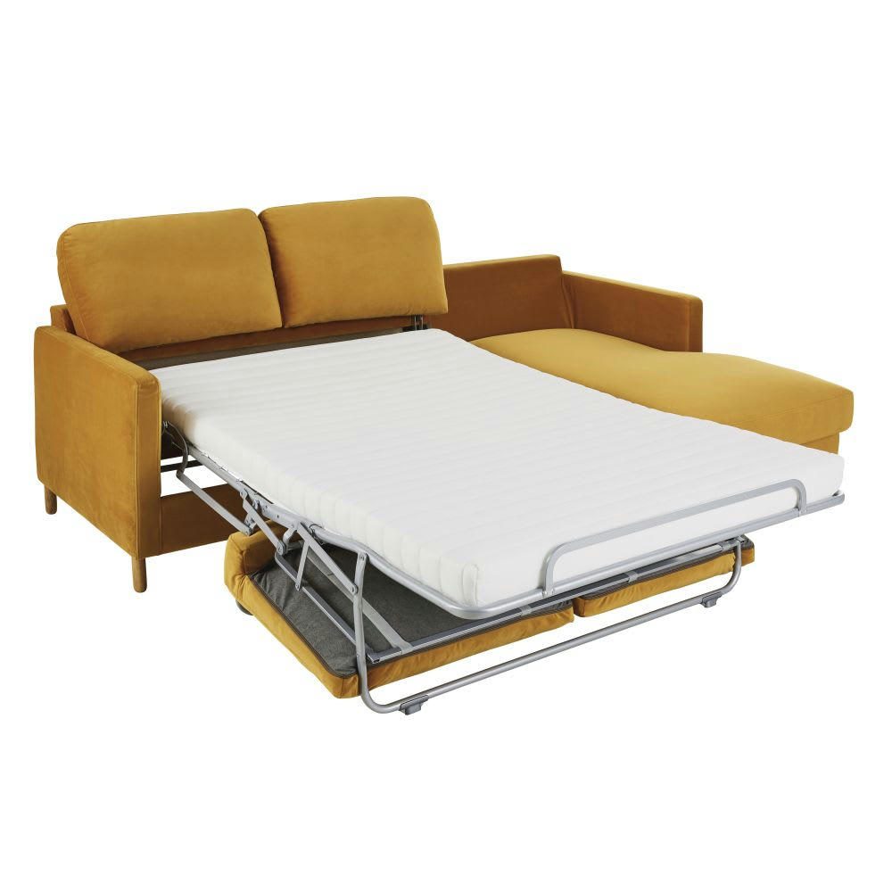 Julian - Canapé d'angle droit convertible 5 places en velours moutarde, matelas 14 cm