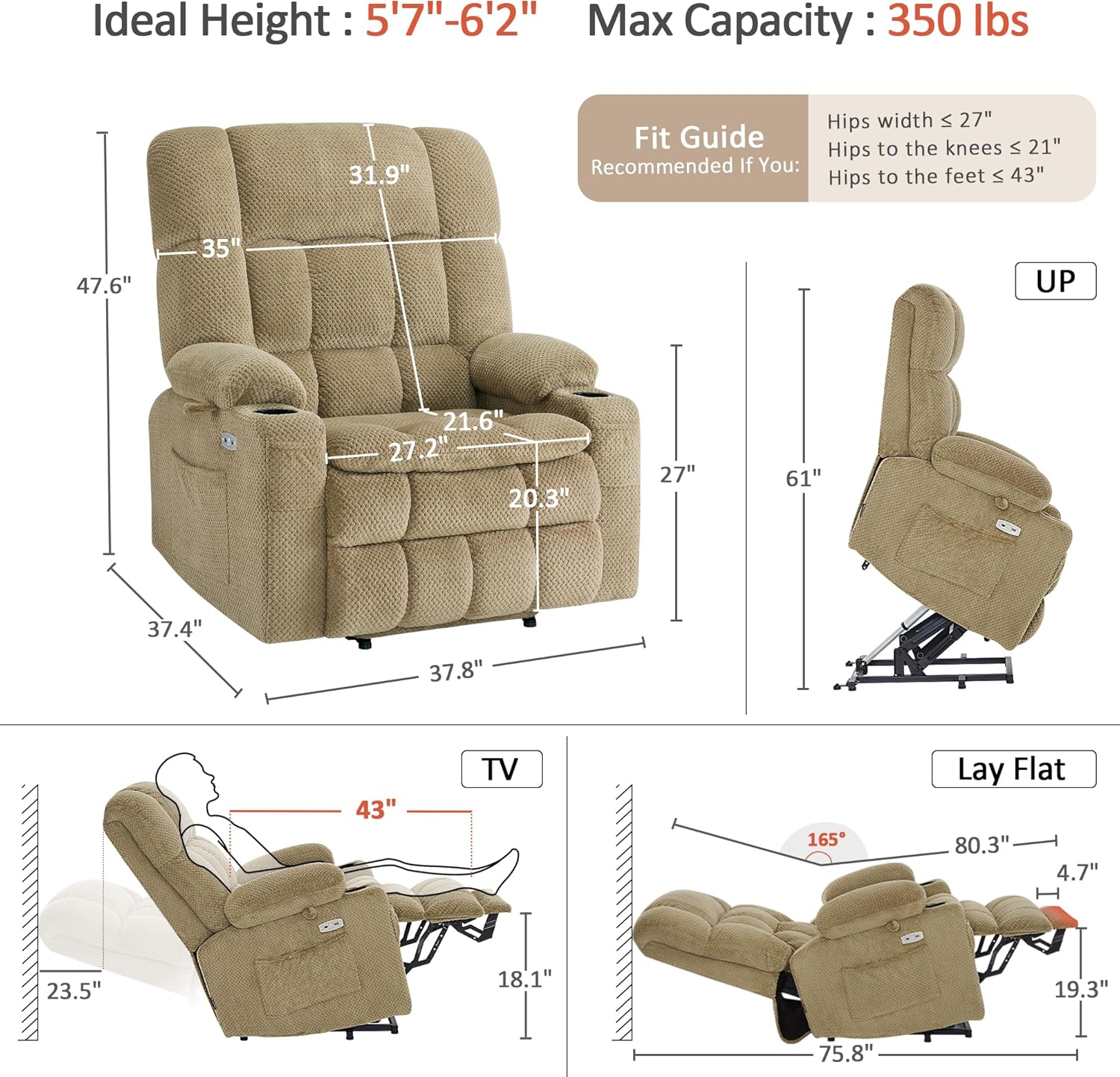 MCombo Oversized Power Lift Recliner Chair for Elderly, Dual Motor Lift Chair with Heat and Massage, Lay Flat Lift Chair for Big and Tall, Cup Holders, Fabric R7891 (Oversize, Beige)